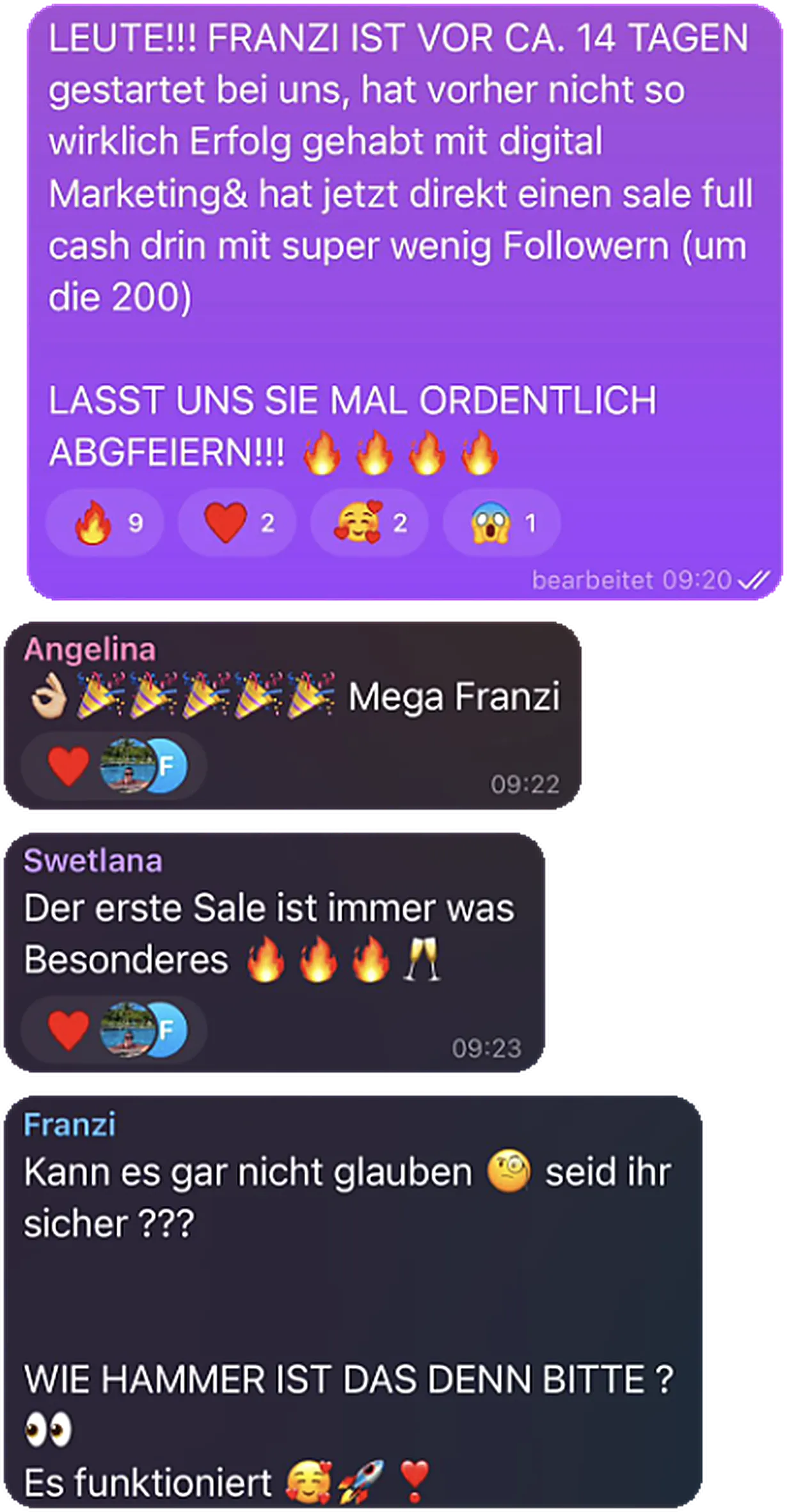 Chatverlauf: Franzi berichtet von ihrem ersten Sale nach 14 Tagen mit rund 200 Followern