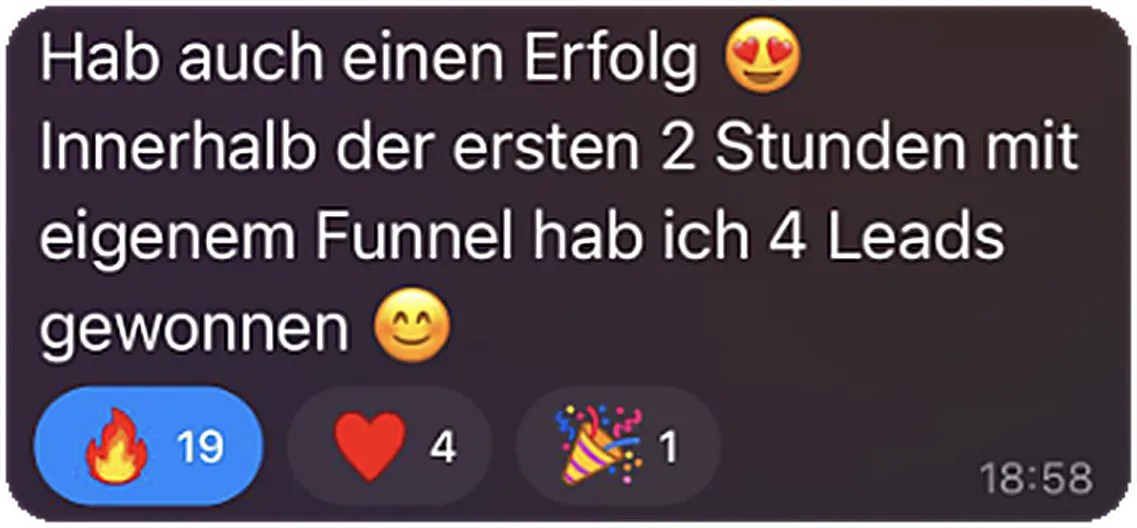 Chatnachricht über vier Anfragen in den ersten zwei Stunden mit eigenem Funnel
