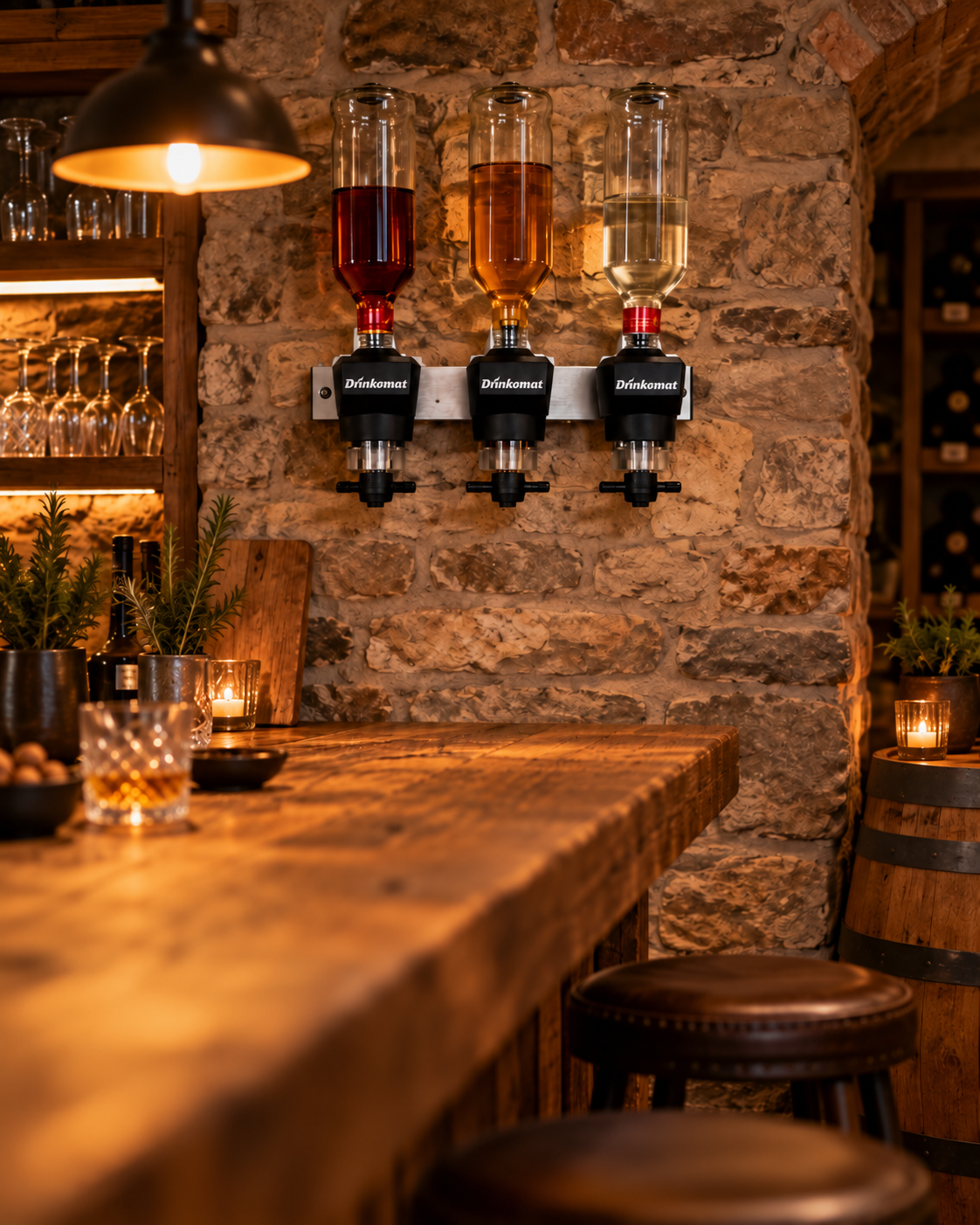 Kellerbar mit Holztheke und Drinkomat an der Wand