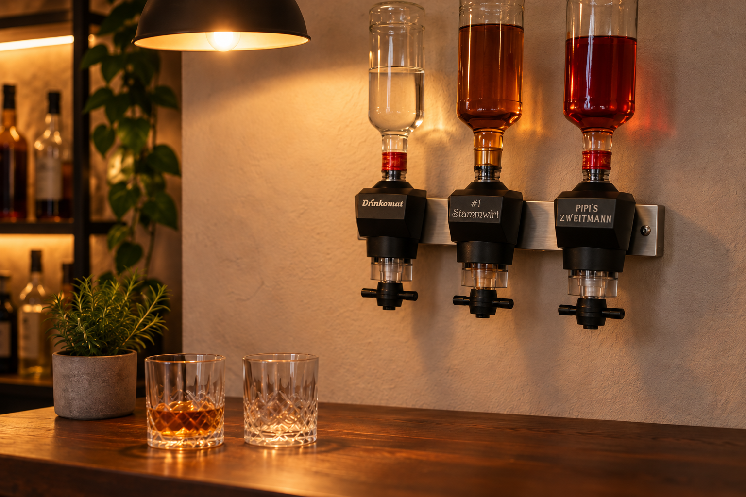Aufgeräumte Bar mit Drinkomat-Leiste an der Wand