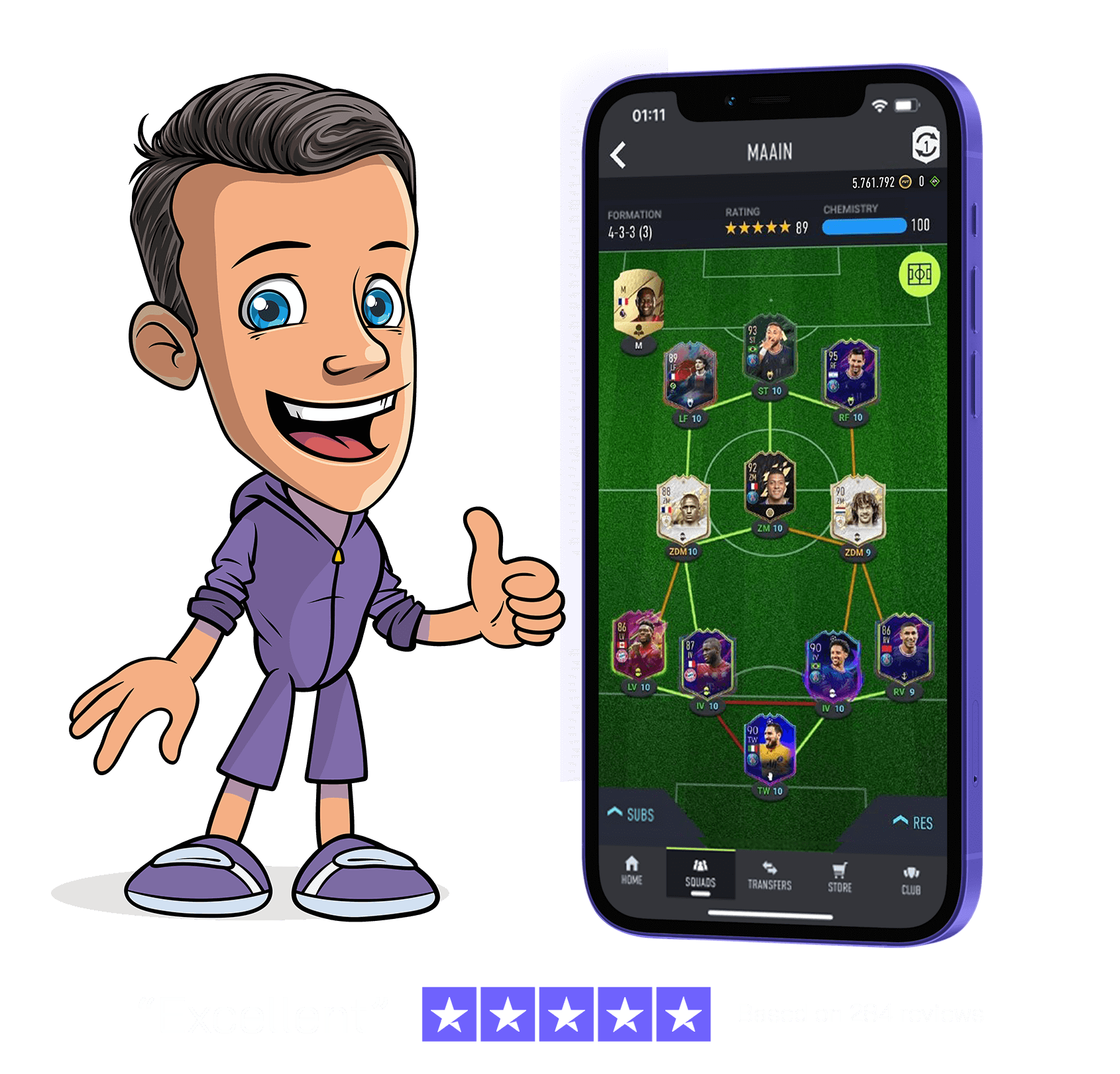 handy mit dream team fifa 22 und maskottchen mit daumen hoch