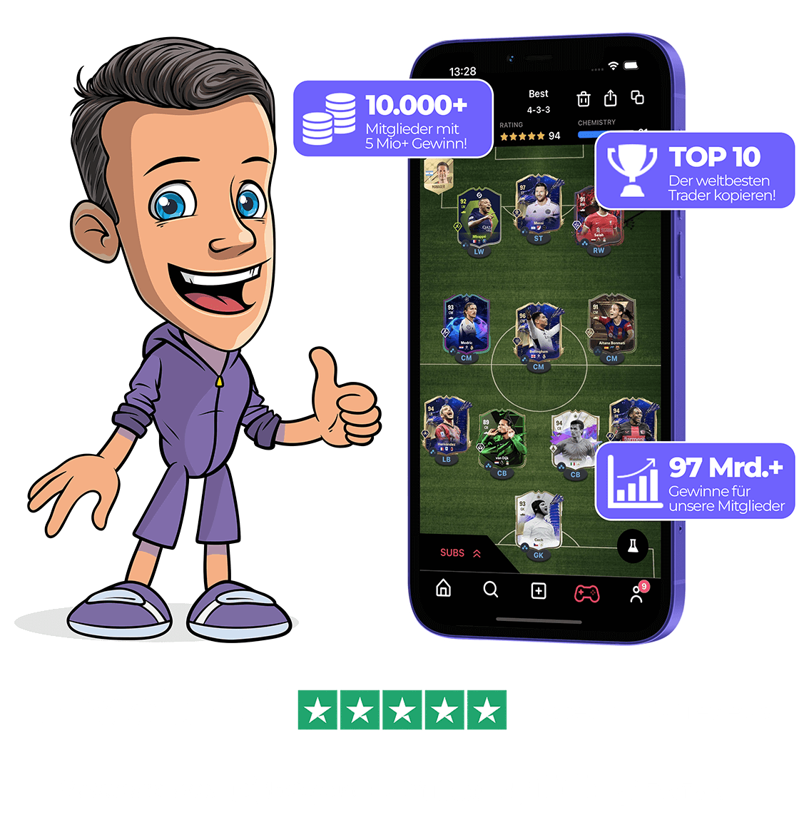 handy mit dream team fifa 22 und maskottchen mit daumen hoch