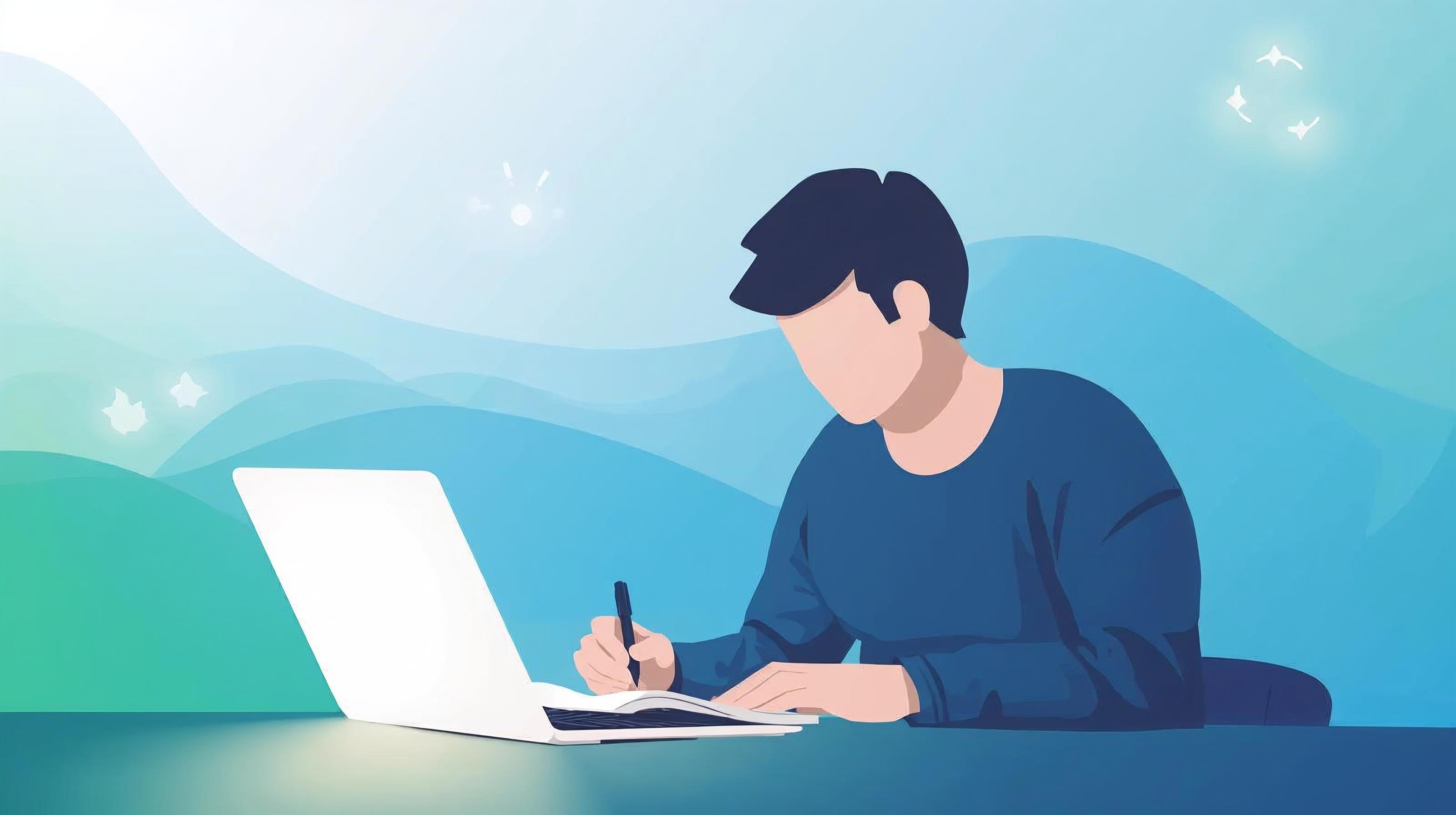 erstelle für mich ein illustriertes Bild das folgenden Text darstellen soll _Dein Wissen klar machen_ ´. Am besten eine Person die vor dem Laptop sitzt und etwas mit dem Stift aufschreibt auf einem Block..jpg