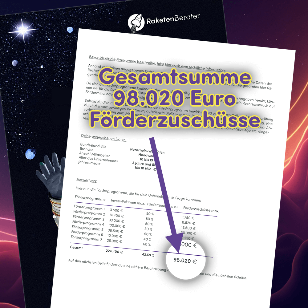 Screenshot eines Fördermittel-Checks mit über 98.000 Euro Förderzuschüsse für das Unternehmen