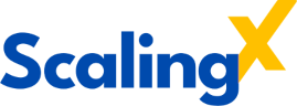 ScalingX Logo mit blauem Schriftzug und gelbem ‚X‘