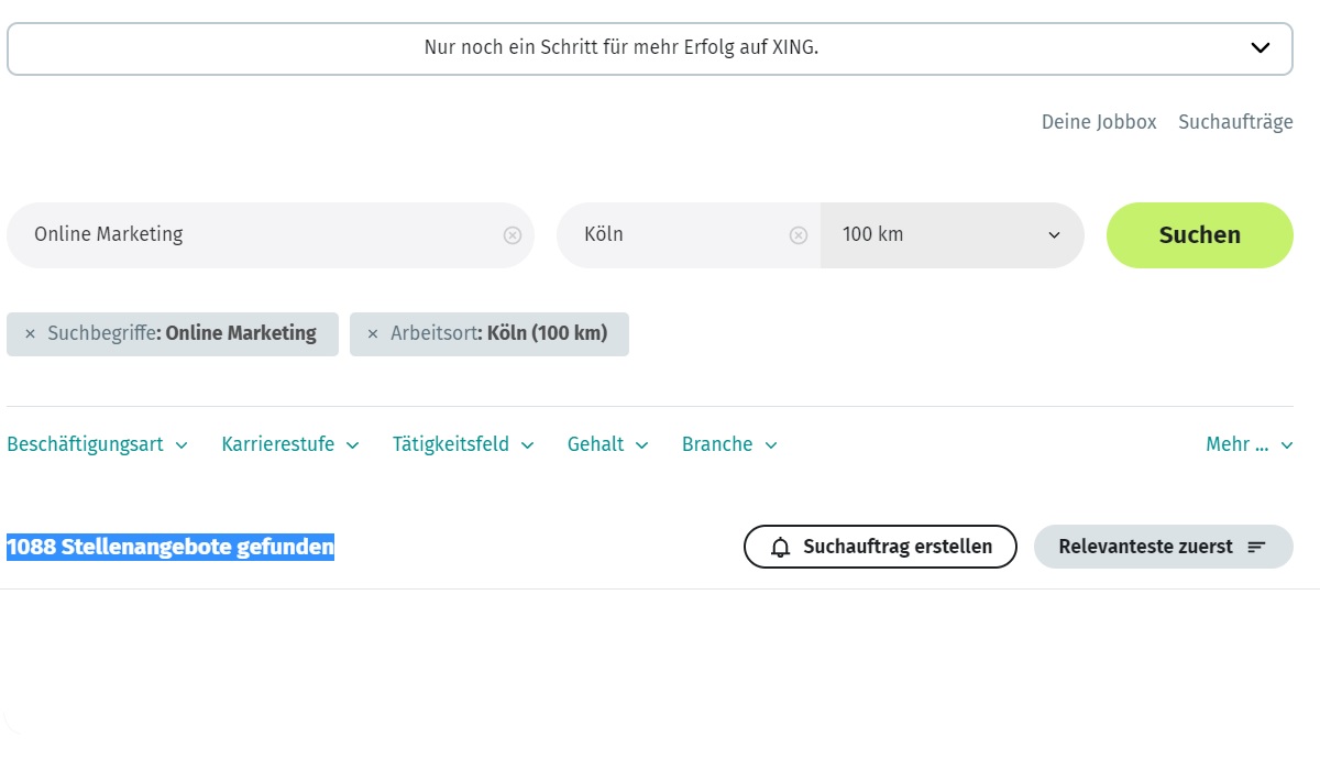 Xing.de Jobsuche im Online Marketing Bereich in Köln