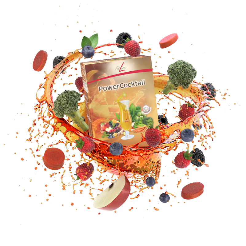 FitLine Power Cocktail Verpackung mit frischem Obst und Gemüse