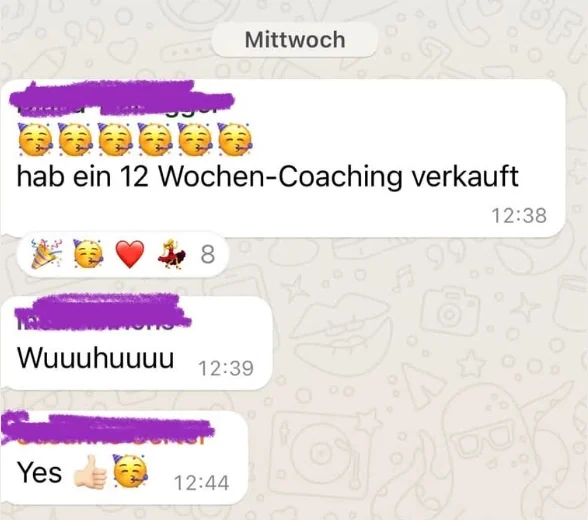 Anonymisierte Originalnachricht: Coaching verkauft