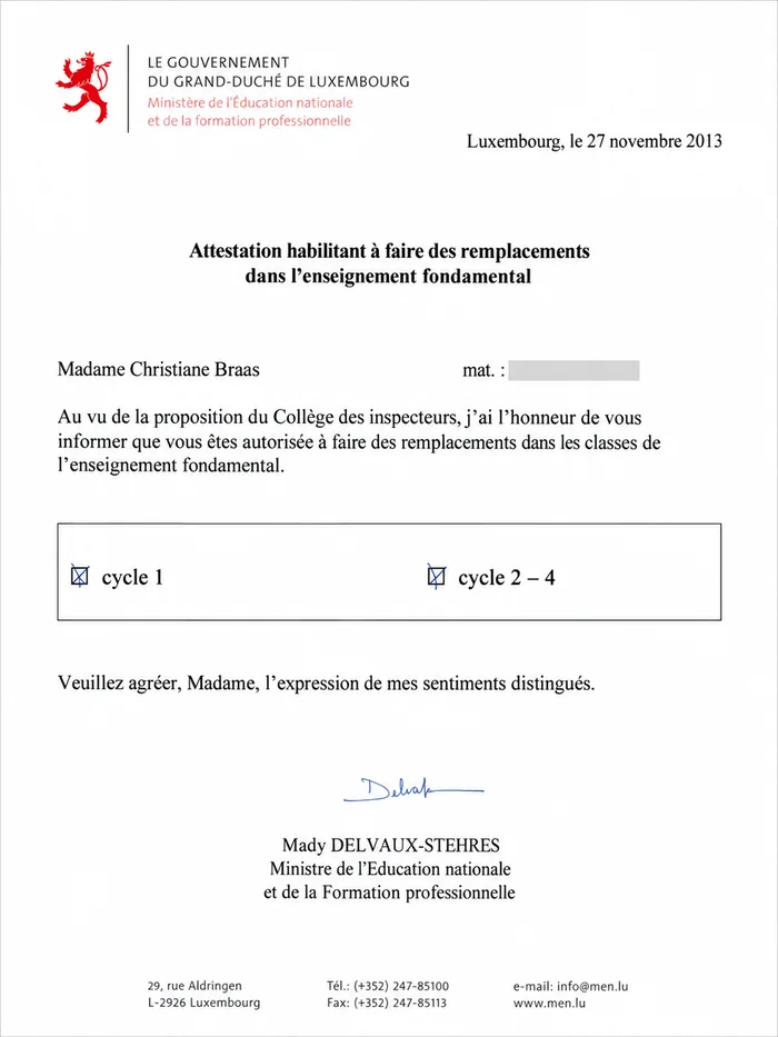 Attestation des luxemburgischen Bildungsministeriums für Christiane Braas, 2013