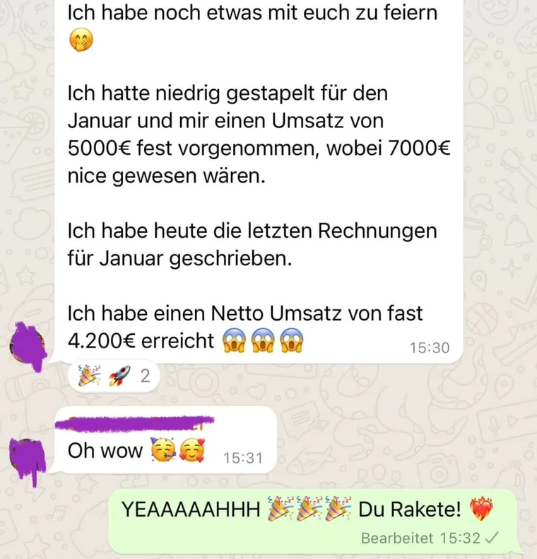 Anonymisierte Nachricht einer Kundin: Netto-Umsatz von fast 4.200 Euro im Januar erreicht