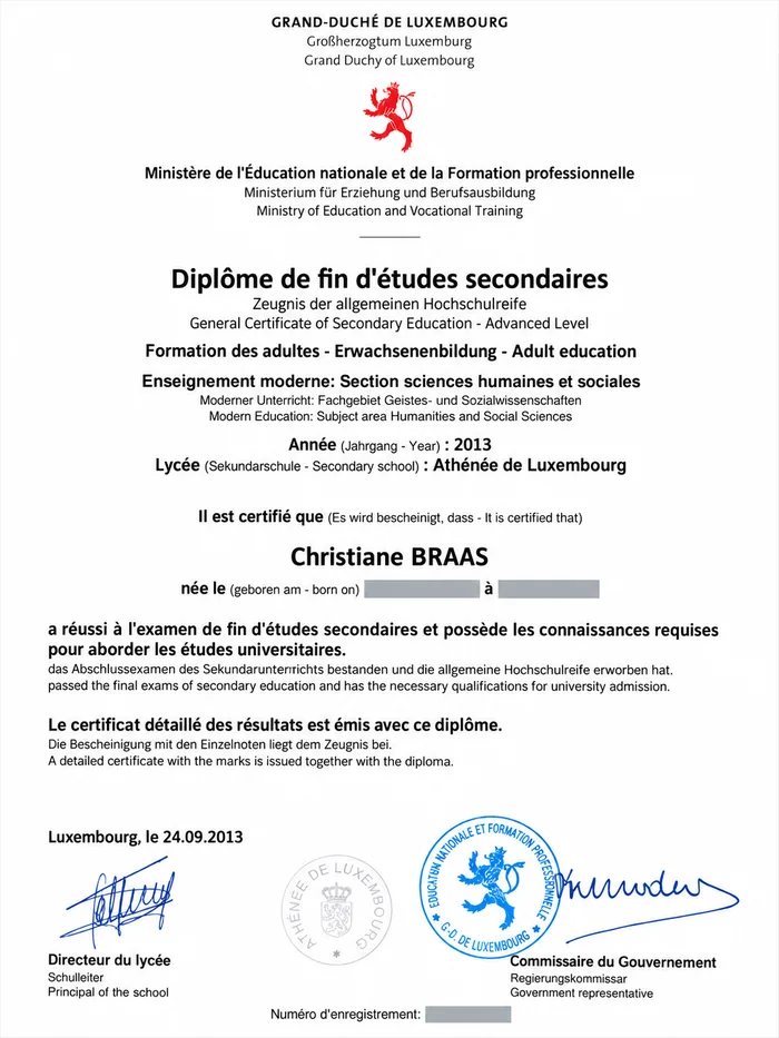 Diplôme de fin d’études secondaires von Christiane Braas, Erwachsenenbildung, Athénée de Luxembourg, 2013