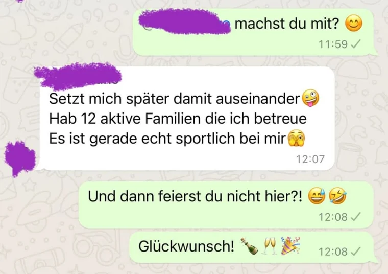 Anonymisierte Originalnachricht: aktiv betreute Familien