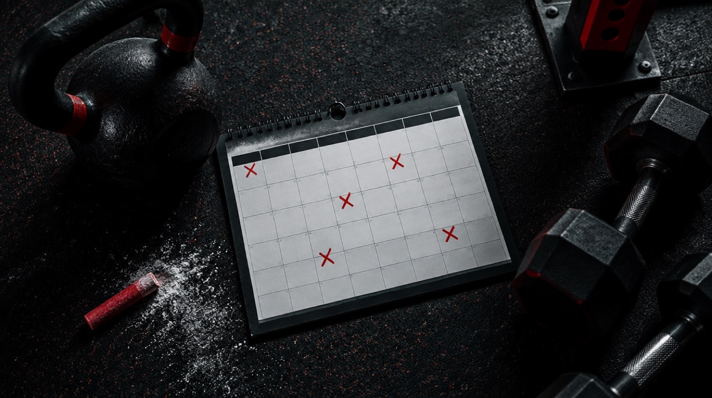Trainingsplan ab 40: Kalender mit markierten Trainingstagen, Kettlebell und Kurzhanteln
