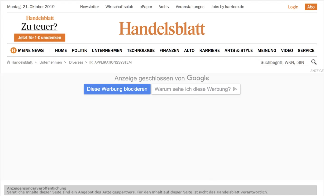 YAVU® im Handelsblatt – Pressebericht über das IRI® Filler-System