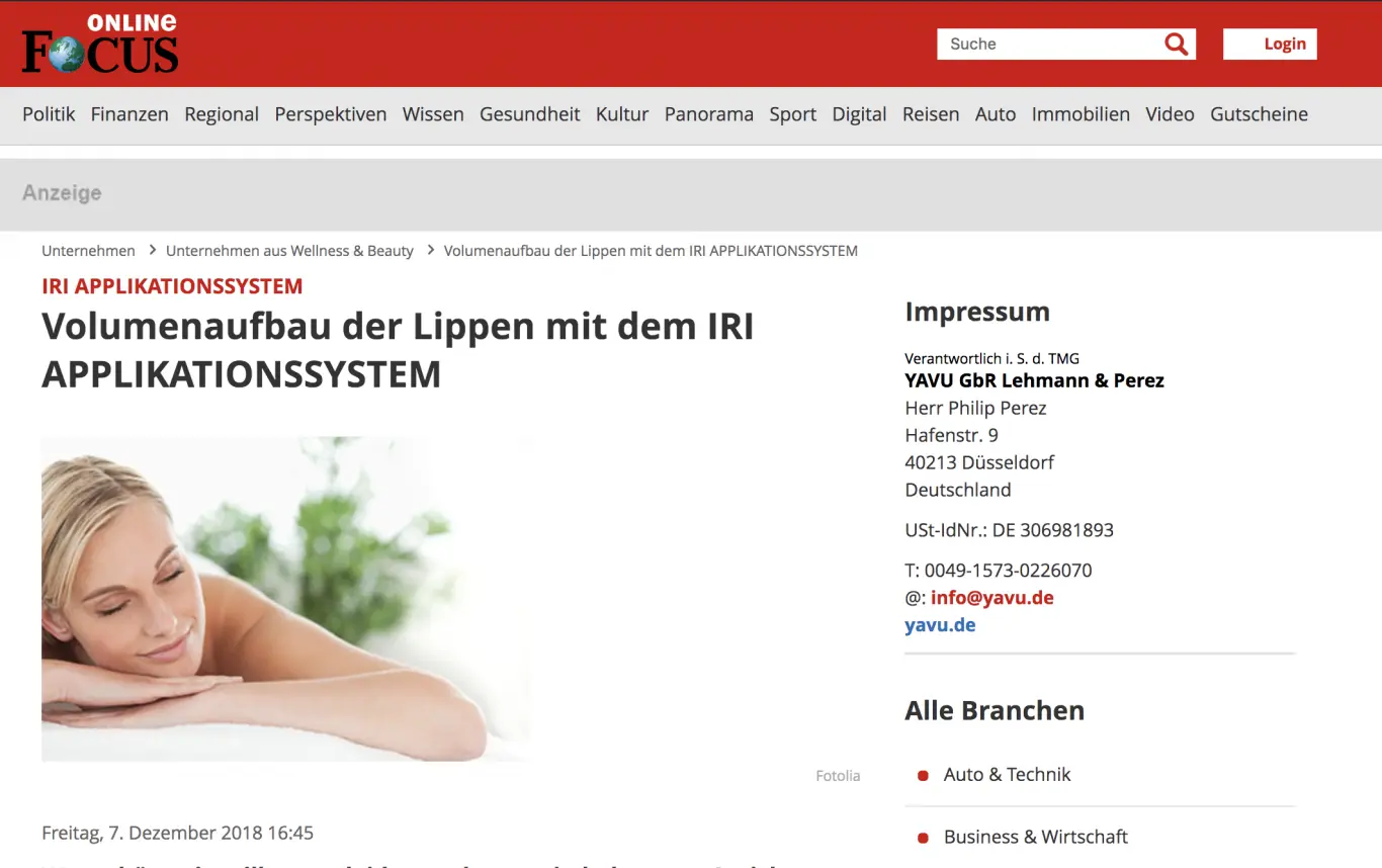 YAVU® im FOCUS Online – Das IRI® Filler-System als Innovation der Kosmetikbranche