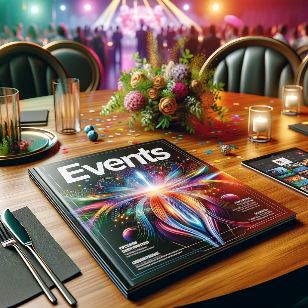 DALL·E 2023-12-12 11.54.39 - A glossy, modern EVENTS magazine lies open on a sleek, wooden table in a vibrant event setting. The magazine features a colorful, eye-catching cover w.png