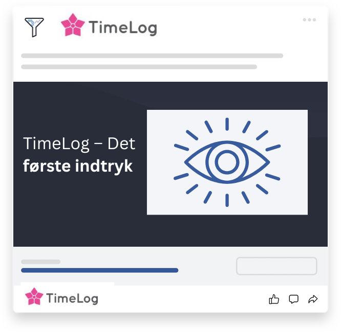 Visuel fremstilling af TimeLogs første indtryk med øjeikon og branding, som del af den indledende analysevurdering.