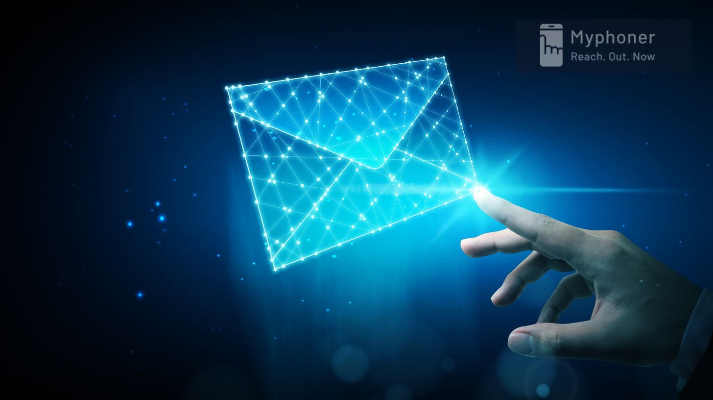 Digital illustration af en finger, der aktiverer en e-mail – symbol på Myphoners mulighed for automatiseret kontakt og opbygning af ekspertstatus gennem personlig e-mail-serie.