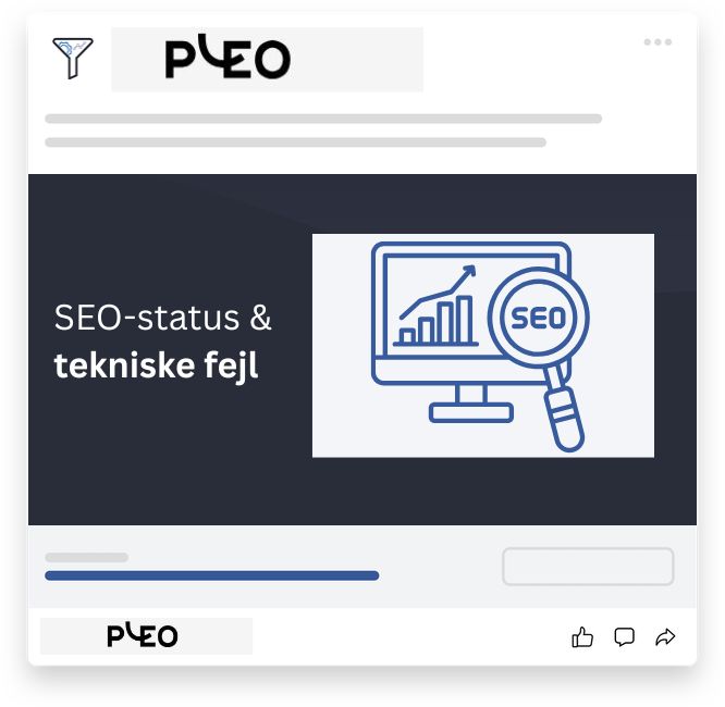 Pleo -  Illustration af en computerskærm med en vækstgraf og et forstørrelsesglas med teksten SEO, som symbol på SEO-status og tekniske fejl.