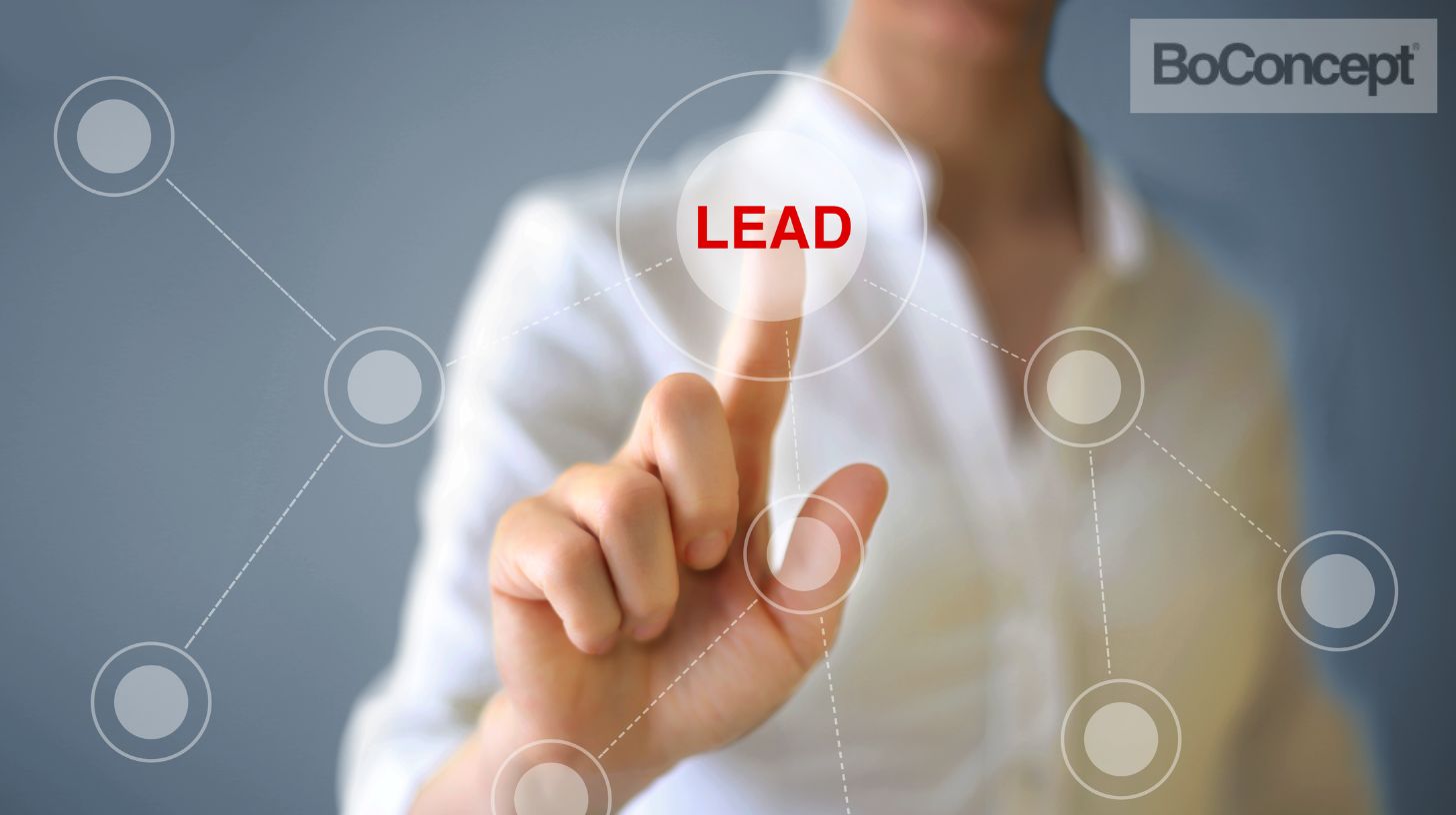 Visuel metafor med fingertryk på ordet "LEAD", der illustrerer BoConcepts mulighed for at omdanne kontaktpunkter til kunder gennem flere kanaler.
