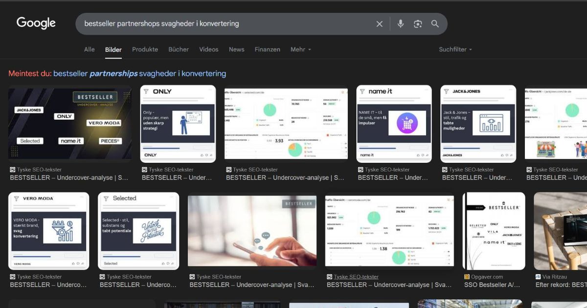 Skærmbillede fra Google Billedsøgning med søgningen “bestseller partnershops svagheder i konvertering”. Billederne viser visuelle elementer fra en SEO-analyse udført af tekstforfatter-ghostwriter.com. Øverst ses slides for mærker som JACK & JONES, ONLY, NAME IT, VERO MODA og SELECTED, samt grafer og trafikoversigter fra forskellige shops. Alle billeder er tydeligt mærket “Tyske SEO-tekster” og fremhæver konverteringsproblemer i Bestsellers partnerbutikker.