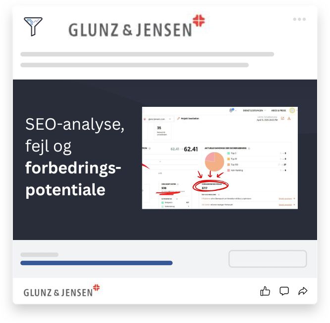  Illustration af SEO-analyse for Glunz & Jensen med fokus på fejl, manglende synlighed og konkrete forbedringsmuligheder i DACH-markedet.