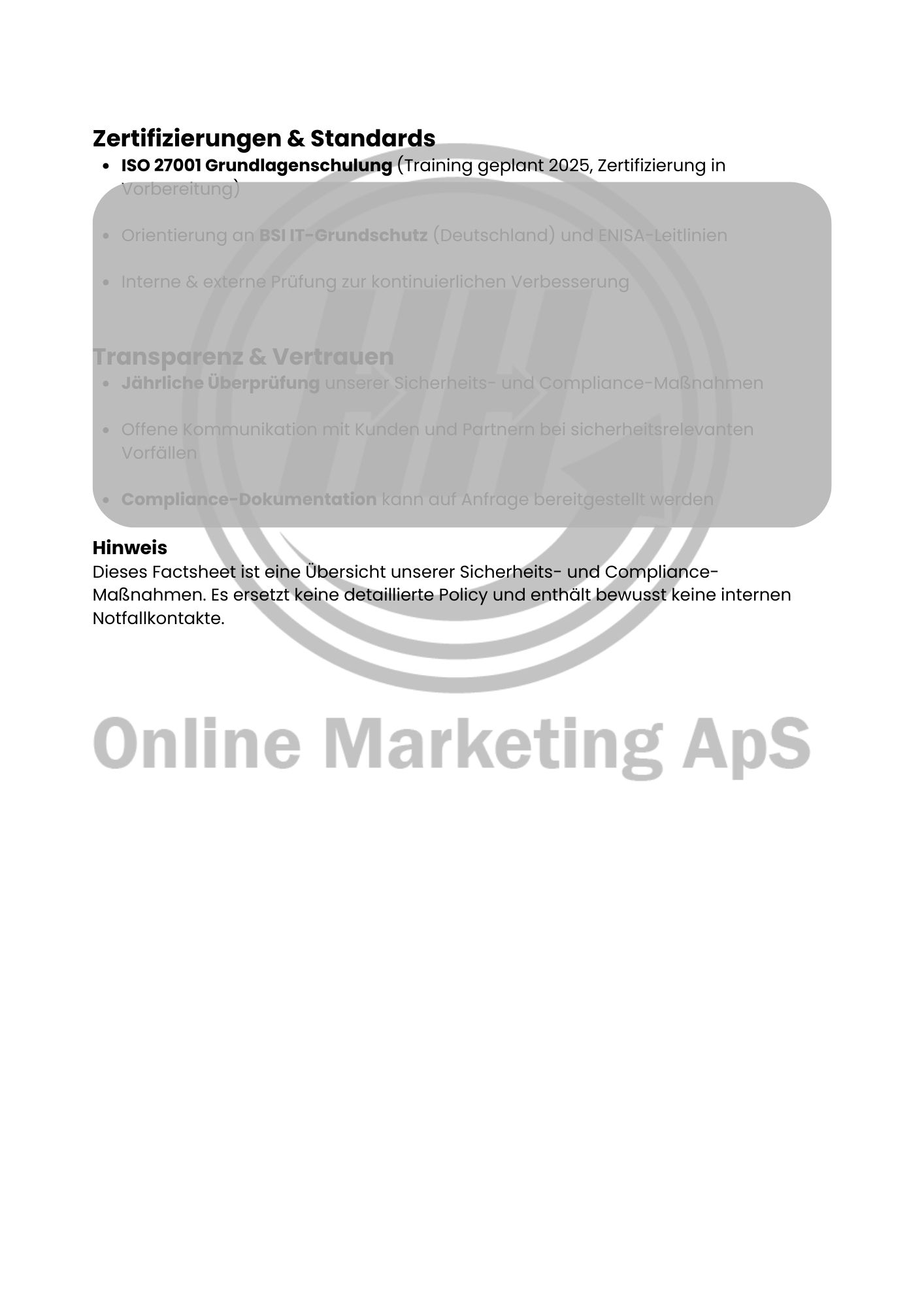 Eksempel på NIS2 compliance factsheet (tysk version)