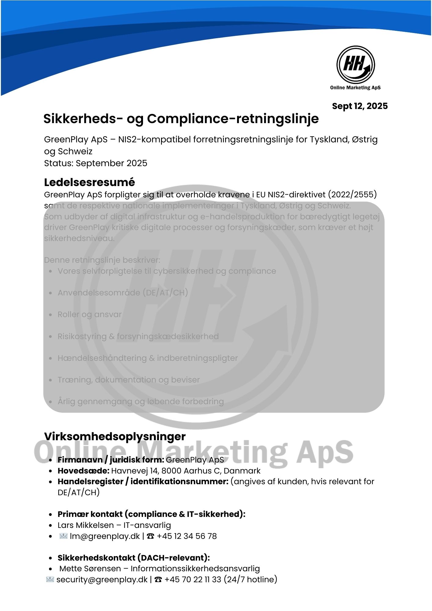 Eksempel på NIS2 compliance dokument (dansk version)