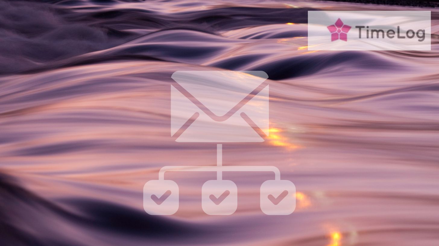 .Grafisk baggrund med e-mail-ikon og forgrening, der symboliserer automatiserede e-mail-flows til leadgenerering hos TimeLog.