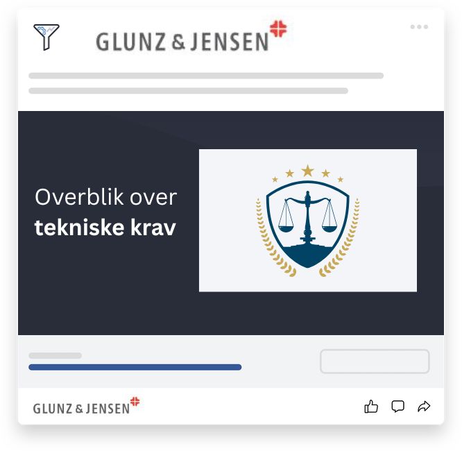 Visuel oversigt fra Glunz & Jensen med fokus på tekniske krav – illustreret med vægtskål-symbol og juridiske elementer som tegn på compliance og ansvar.