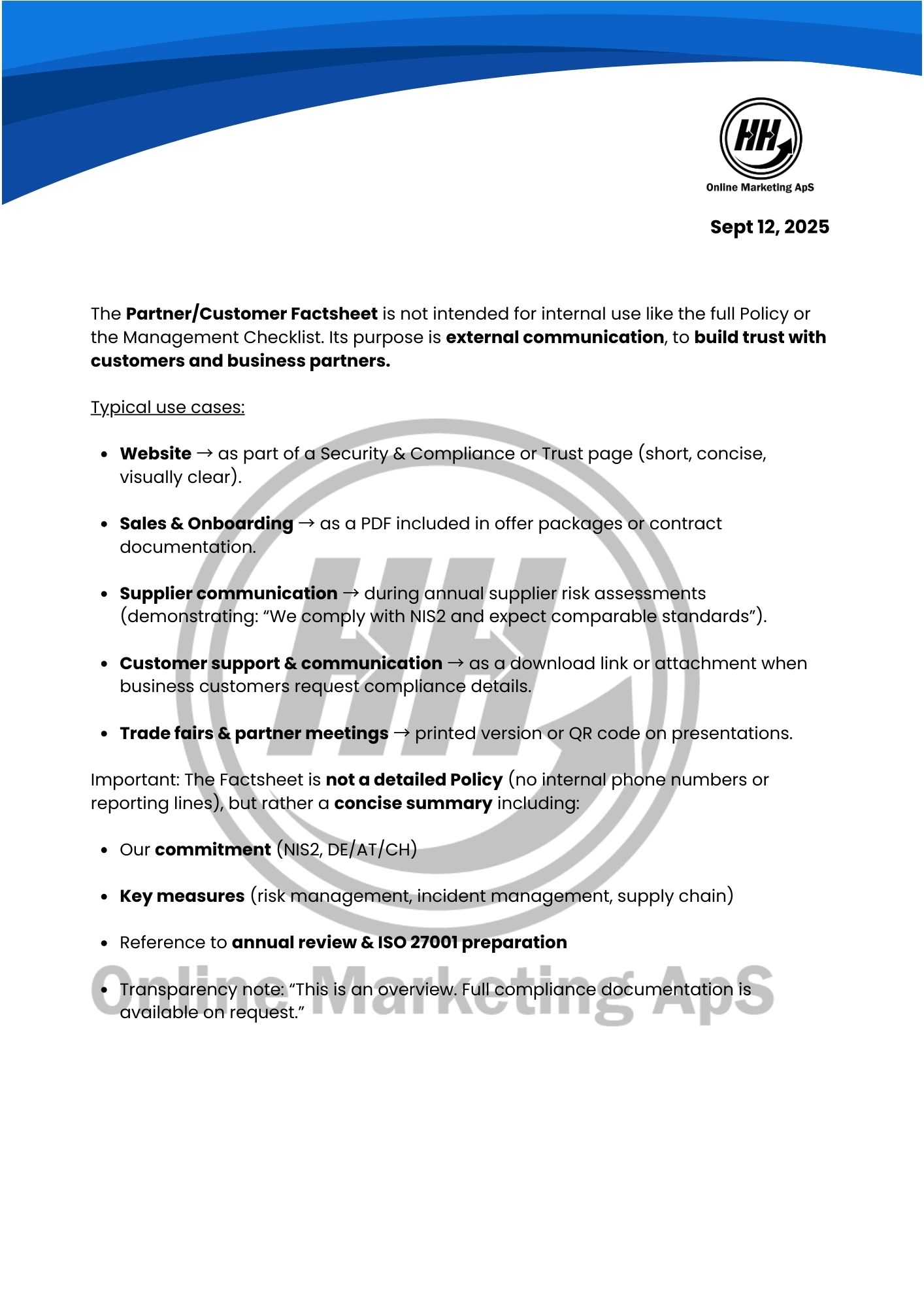 Eksempel på NIS2 compliance factsheet (tysk version)