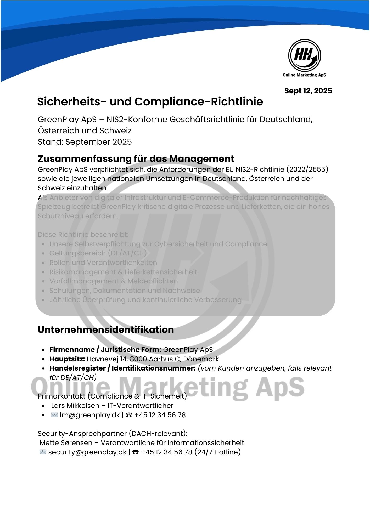 Eksempel på NIS2 compliance dokument (tysk version)