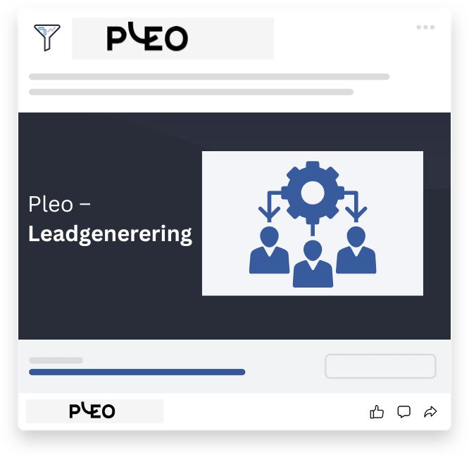 Pleo - Illustration af tre personer med pile, der peger mod et tandhjul, som symbol på leadgenerering og konverteringsprocesser.