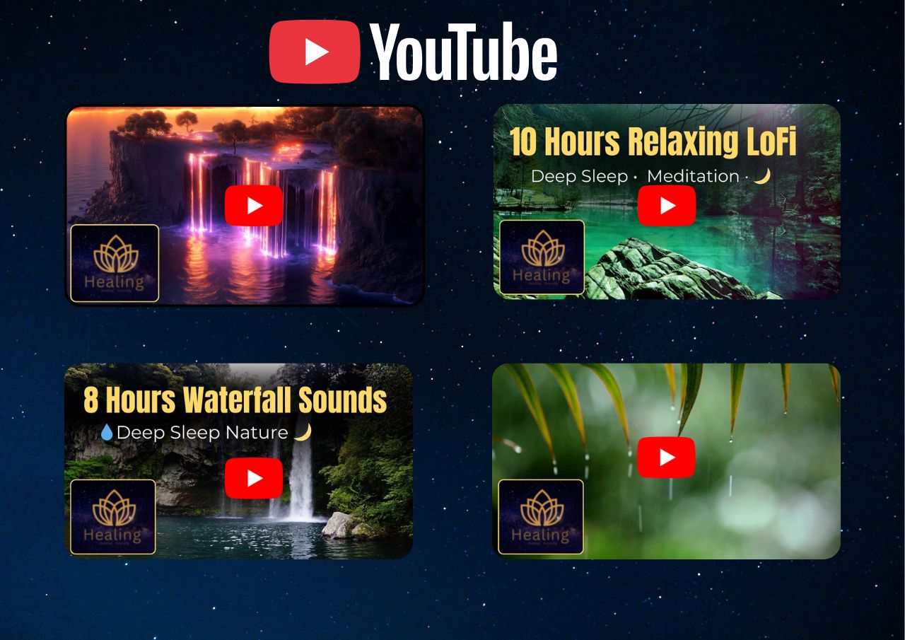 Video previews of 10 hour deep sleep relaxing music and nature soundscapes.
