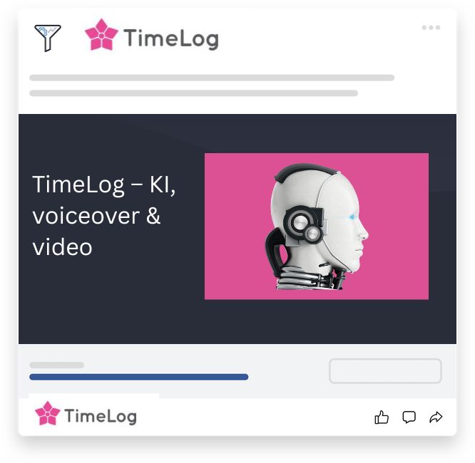 Illustration af en AI-robot med headset, der symboliserer brugen af kunstig intelligens, TimeLog voiceover og video til tysk markedsføring.