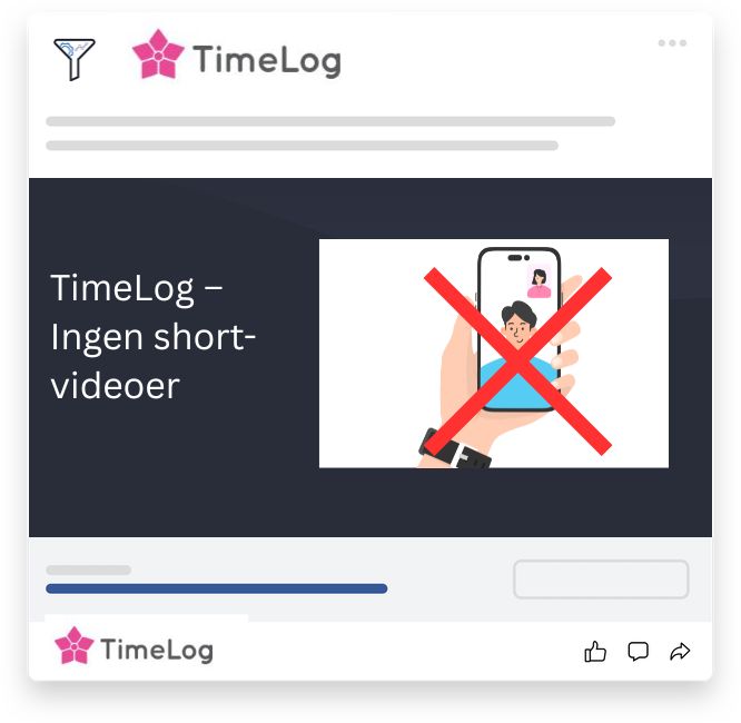Grafik med mobiltelefon og kryds over, som symboliserer TimeLogs manglende brug af short-form video og potentiale på sociale medier som TikTok.