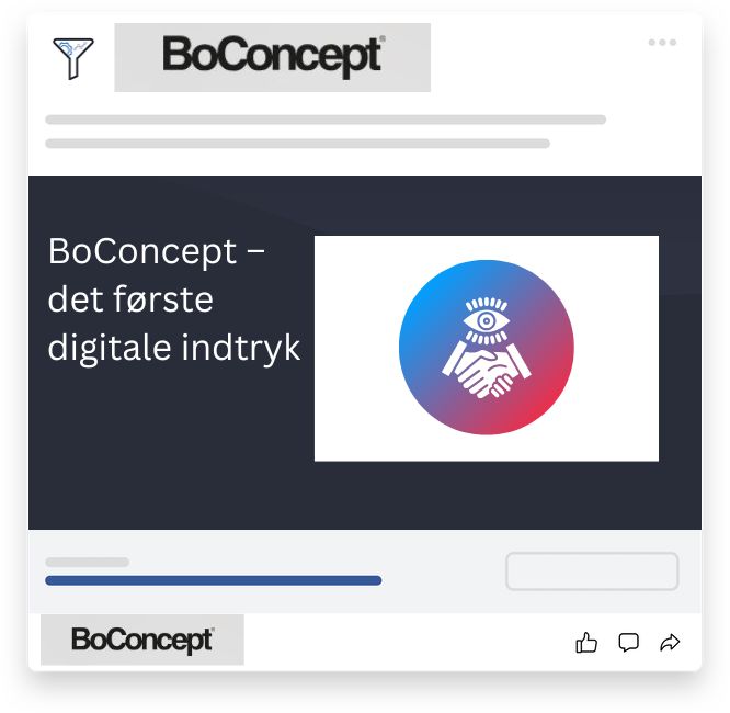 Grafik med overskriften "BoConcept – det første digitale indtryk", der illustrerer brugerens første møde med brandet online.