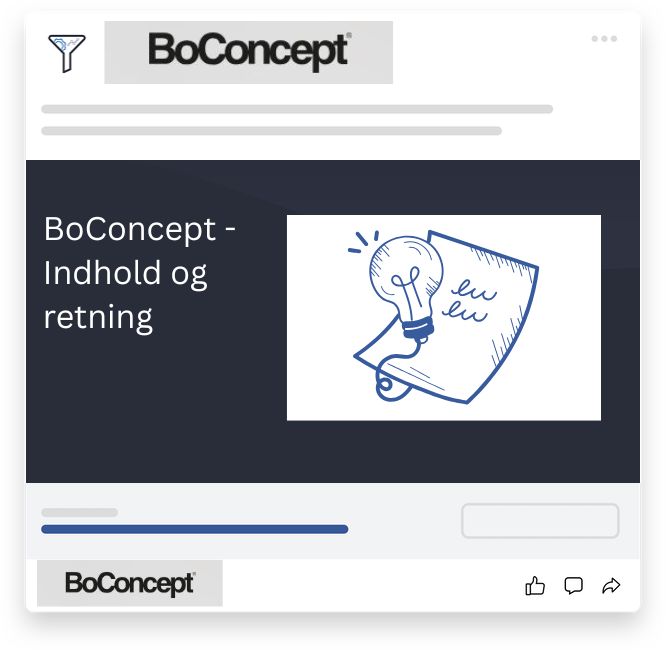Grafik med overskriften "BoConcept – Indhold og retning", der illustrerer behovet for strategisk indhold og klar kommunikation.