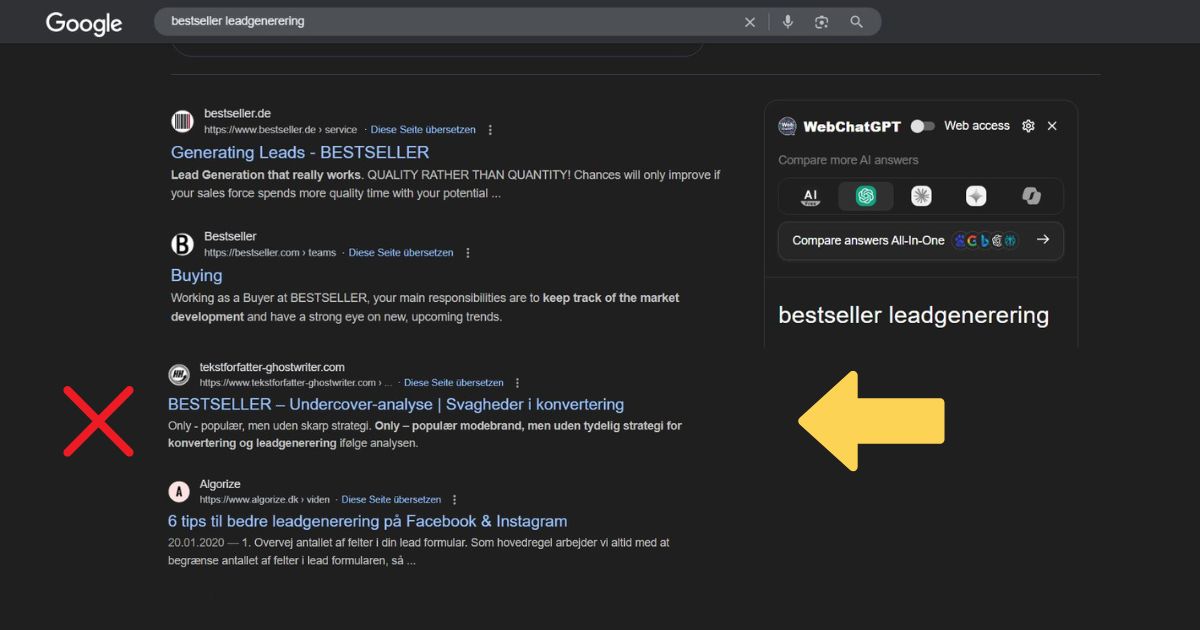 Google-søgning på „bestseller leadgenerering“ viser en Undercover-analyse fra tekstforfatter-ghostwriter.com direkte på side 1 – placeret tæt på Bestsellers egne sider. Gul pil markerer analysen, rødt kryds viser en konkurrent.