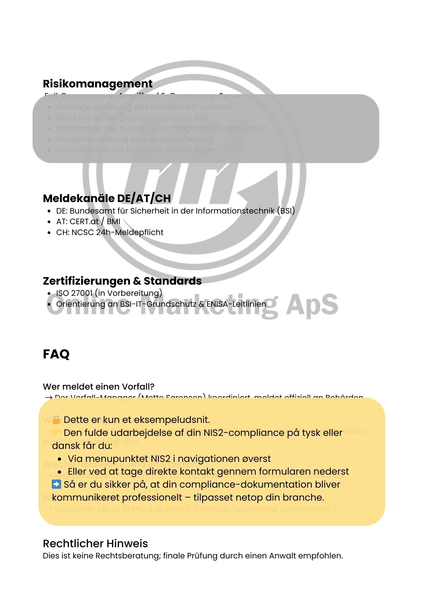 Eksempel på NIS2 compliance dokument (tysk version)