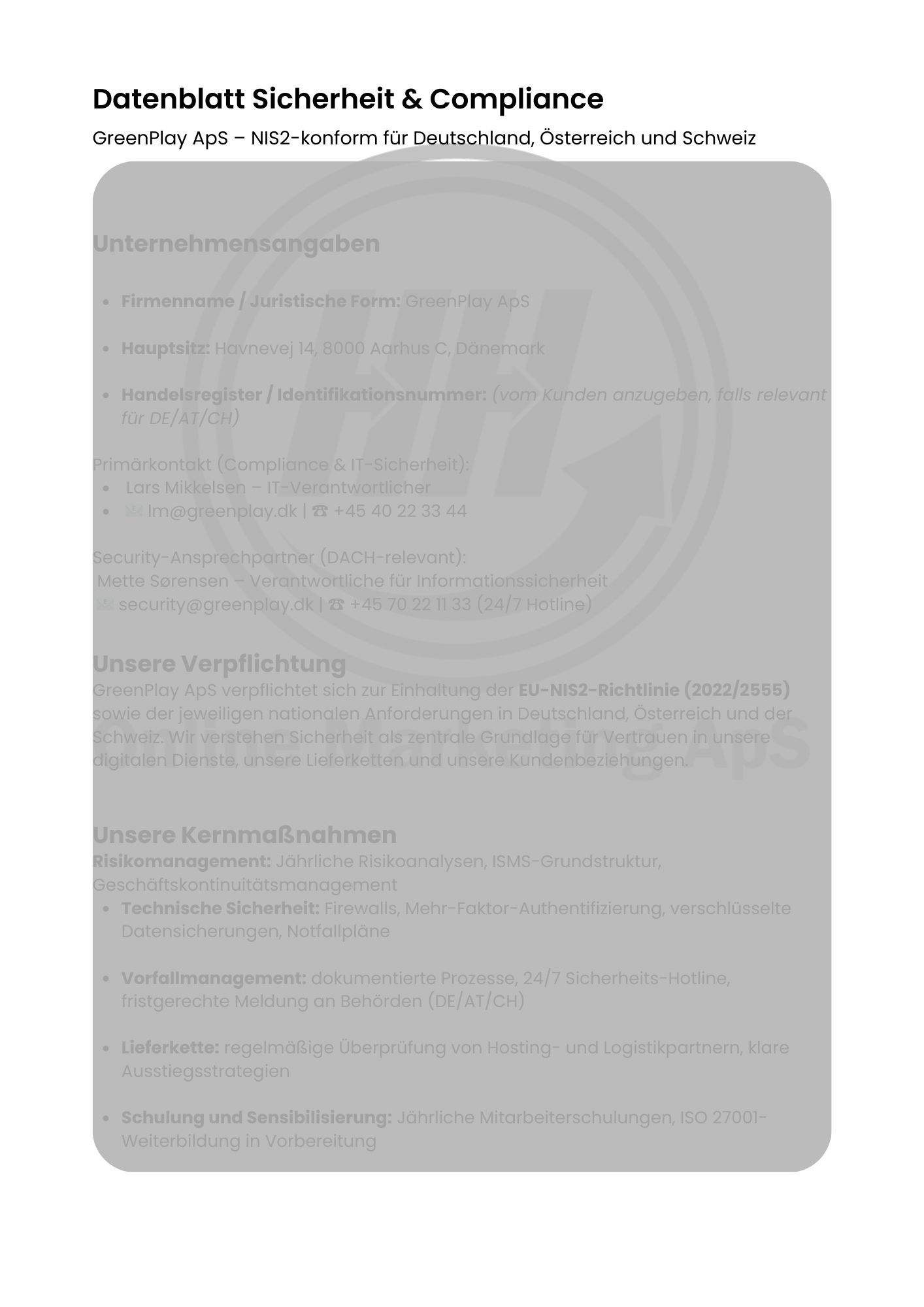 Eksempel på NIS2 compliance factsheet (tysk version)