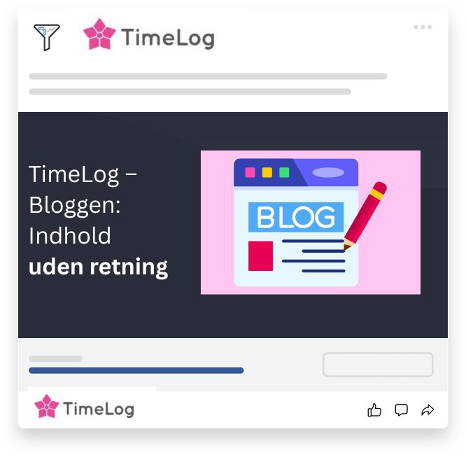 Grafisk fremstilling af blogindhold uden strategi med blogikon og blyant, der illustrerer manglende retning og optimering i TimeLogs artikler.