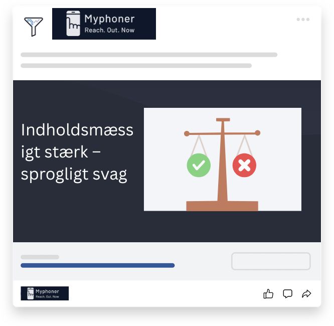  Visuel fremstilling af Myphoners udfordring: stærkt indhold, men sproglige svagheder på det tyske marked.
