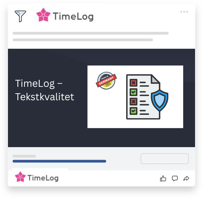 Visuel fremstilling af TimeLogs tekstkvalitet med tjekliste og "Made in Germany"-mærke, der illustrerer sproglig præcision og krav i DACH-markedet.