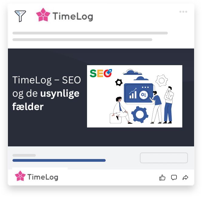 Illustration af SEO-fejl og tekniske udfordringer med grafer og tandhjul, som visualiserer TimeLogs manglende synlighed i søgeresultater.
