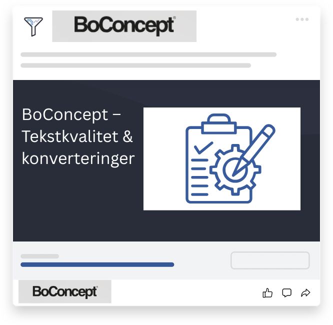 Grafik med overskriften "BoConcept – Tekstkvalitet og konverteringer", som viser vigtigheden af sprog og indhold i brugerens købsrejse.