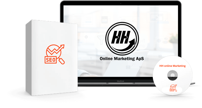 Grafik med SEO-værktøj, HH Online Marketing-logo og laptop – symboliserer professionel analyse, dataindsigt og strategisk optimering.