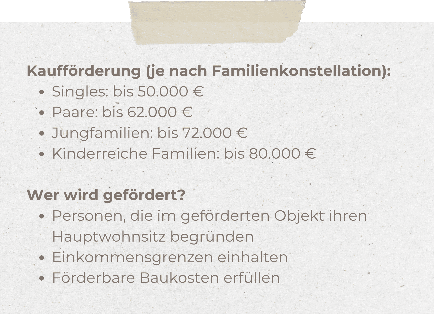 Kaufförderung (je nach Familienkonstellation) Singles bis 50.000 € Paare bis 62.000 € Jungfamilien bis 72.000 € Kinderreiche Familien bis 80.000 € Wer wird gefördert Personen, die im geförderten O.png