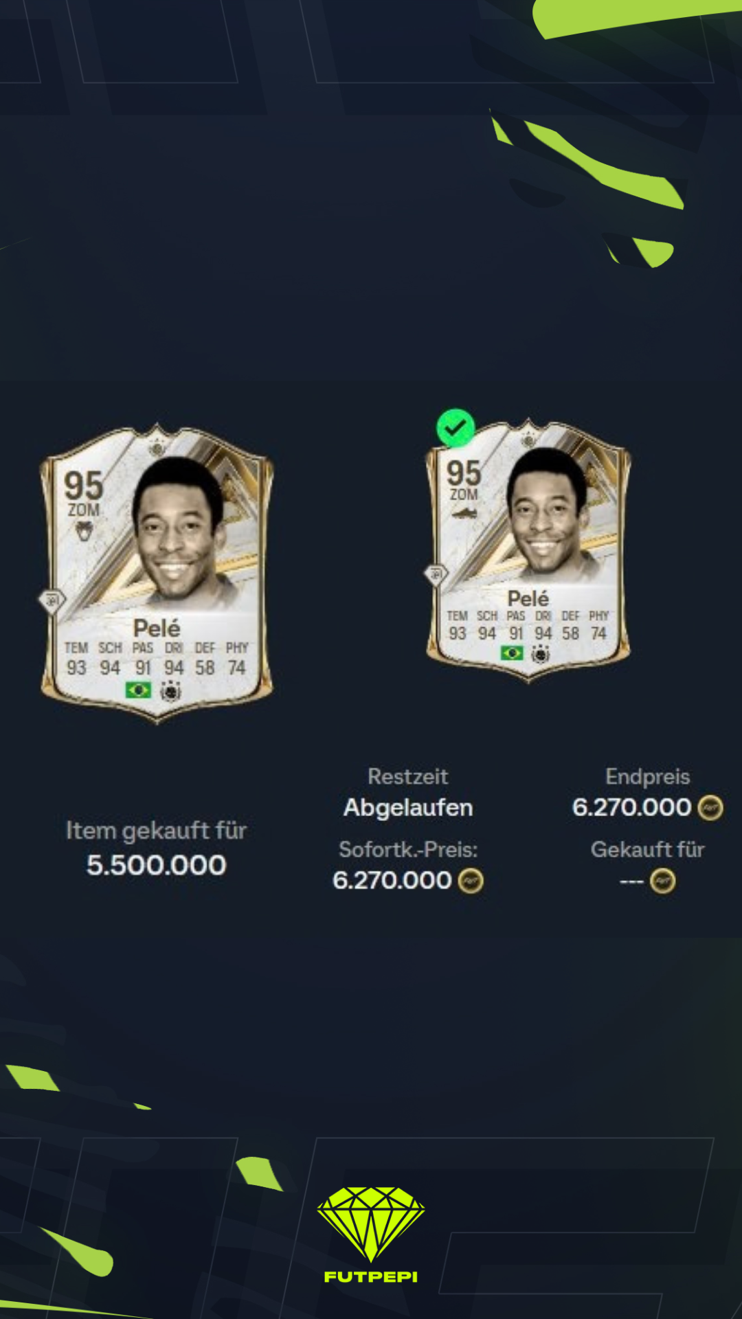 FUTPEPI’s own trade: Pelé, bought for 5,500,000 Coins, sold for 6,270,000 Coins