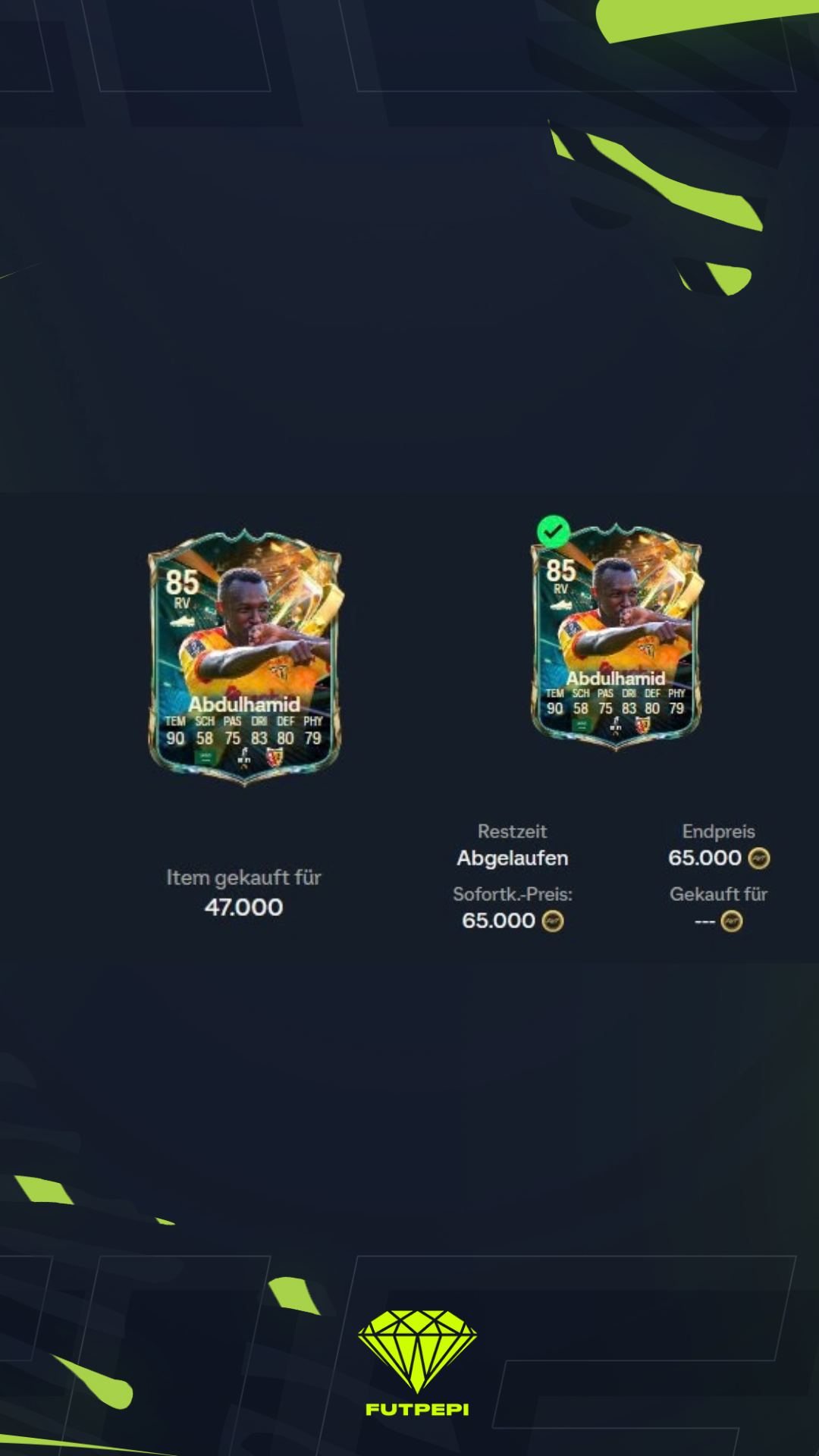 FUTPEPI’s own trade: Abdulhamid, bought for 47,000 Coins, sold for 65,000 Coins